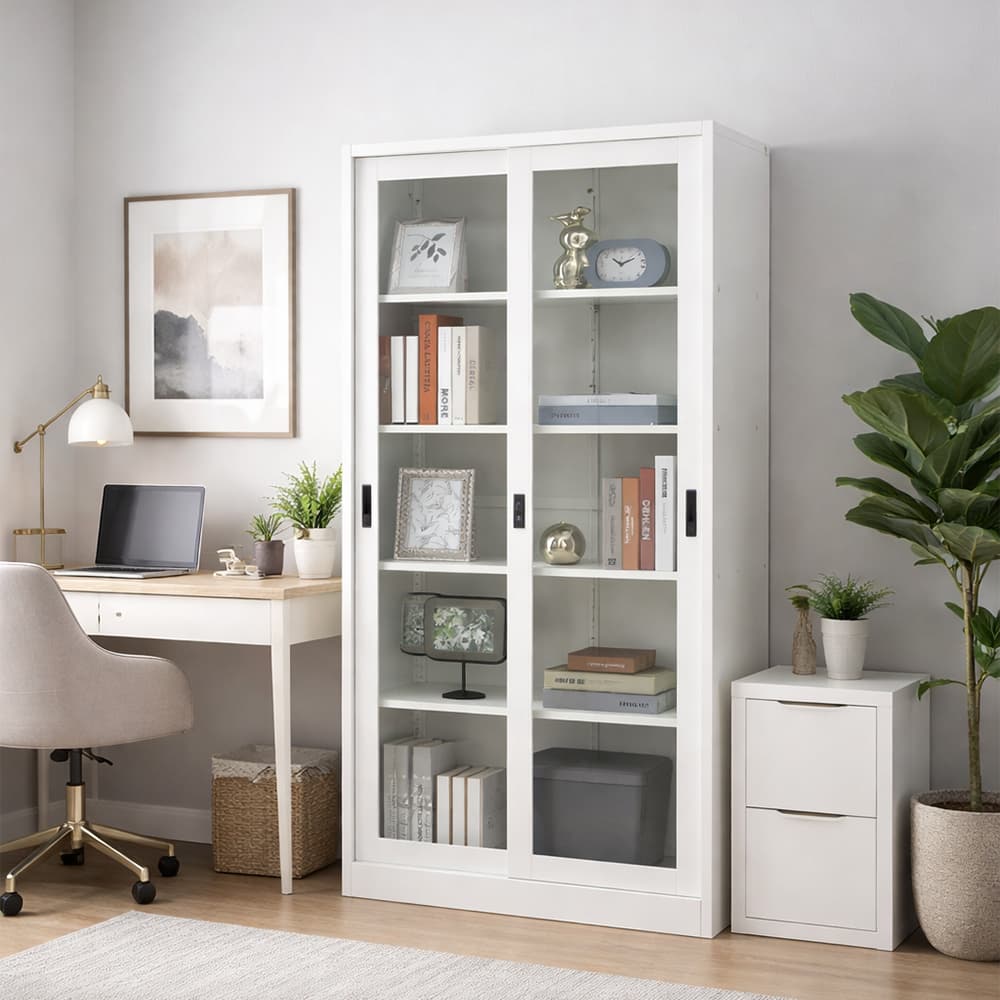 ตู้เหล็กบานเลื่อน รุ่นโซลิด ความสูง 185 ซม.  - สีขาว