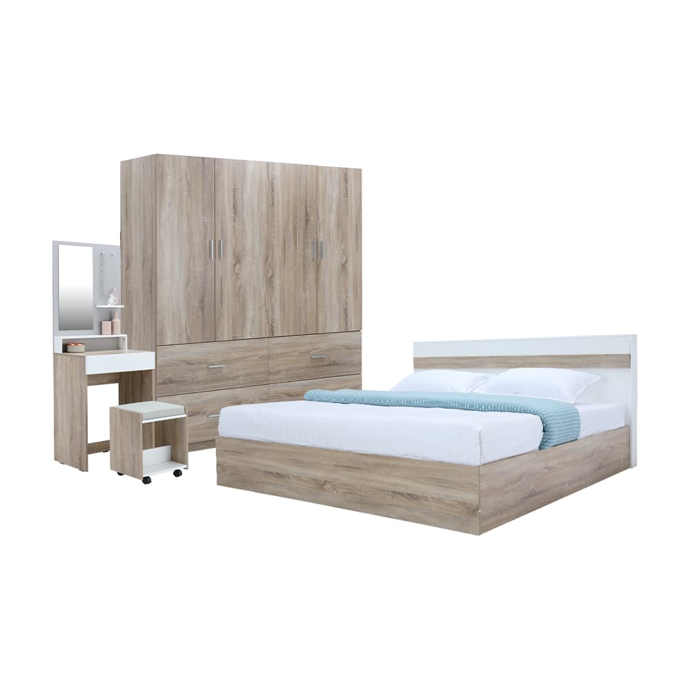 ชุดห้องนอน รุ่นมินิโอ+ทิวลิป ขนาด 6 ฟุต (เตียง, ตู้เสื้อผ้า 4 บาน พร้อมลิ้นชัก, โต๊ะเครื่องแป้งพร้อมสตูล) - สีธรรมชาติ