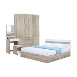 ชุดห้องนอน รุ่นมินิโอ+ทิวลิป ขนาด 6 ฟุต (เตียง, ตู้เสื้อผ้า 3 บาน พร้อมลิ้นชัก, โต๊ะเครื่องแป้งพร้อมสตูล) - สีธรรมชาติ