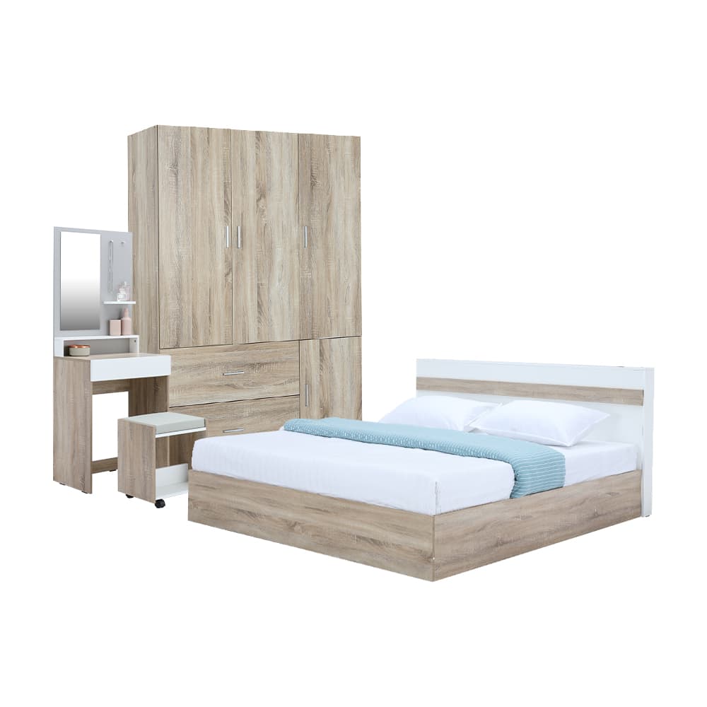 ชุดห้องนอน รุ่นมินิโอ+ทิวลิป ขนาด 6 ฟุต (เตียง, ตู้เสื้อผ้า 3 บาน พร้อมลิ้นชัก, โต๊ะเครื่องแป้งพร้อมสตูล) - สีธรรมชาติ