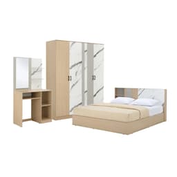 ชุดห้องนอน รุ่นแมกโนเลีย ขนาด 6 ฟุต (เตียง, ตู้เสื้อผ้า 4 บาน, โต๊ะเครื่องแป้ง) - สีธรรมชาติ/หินอ่อนขาว