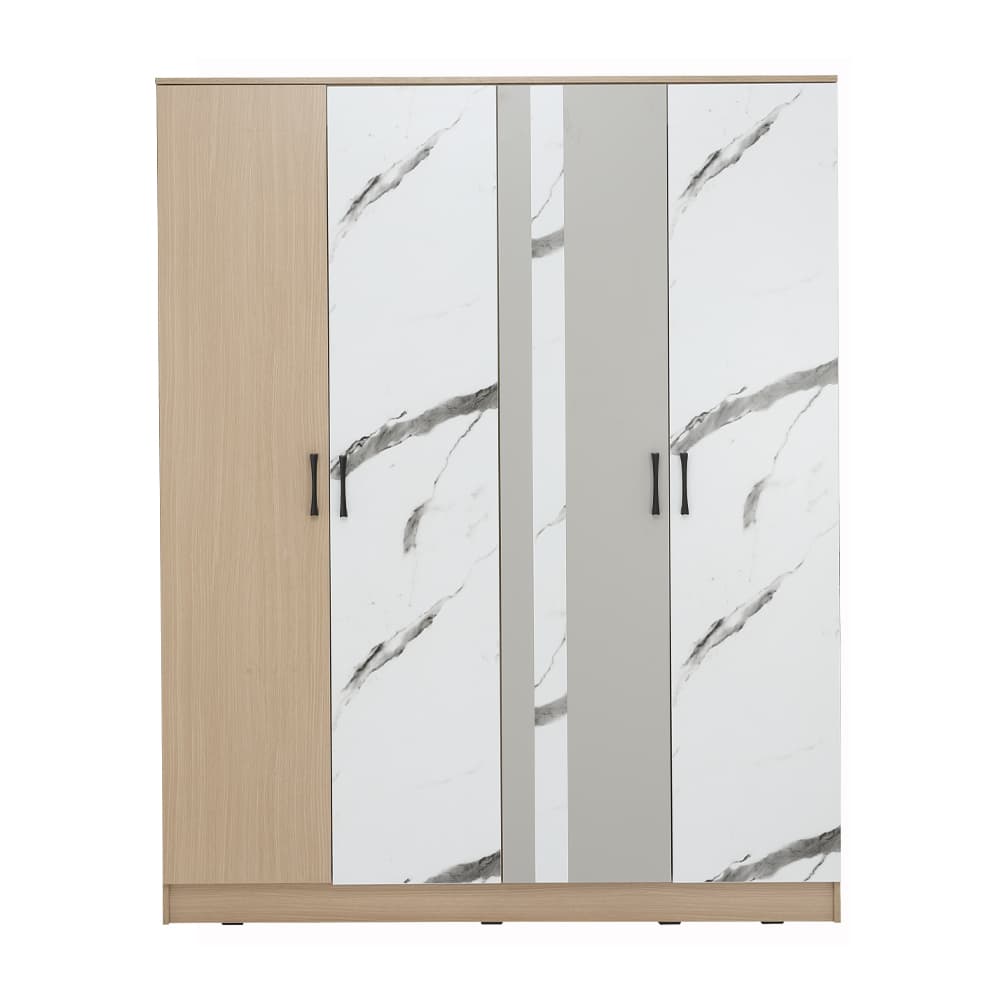 ชุดห้องนอน รุ่นแมกโนเลีย ขนาด 6 ฟุต (เตียง, ตู้เสื้อผ้า 4 บาน, โต๊ะเครื่องแป้ง) - สีธรรมชาติ/หินอ่อนขาว