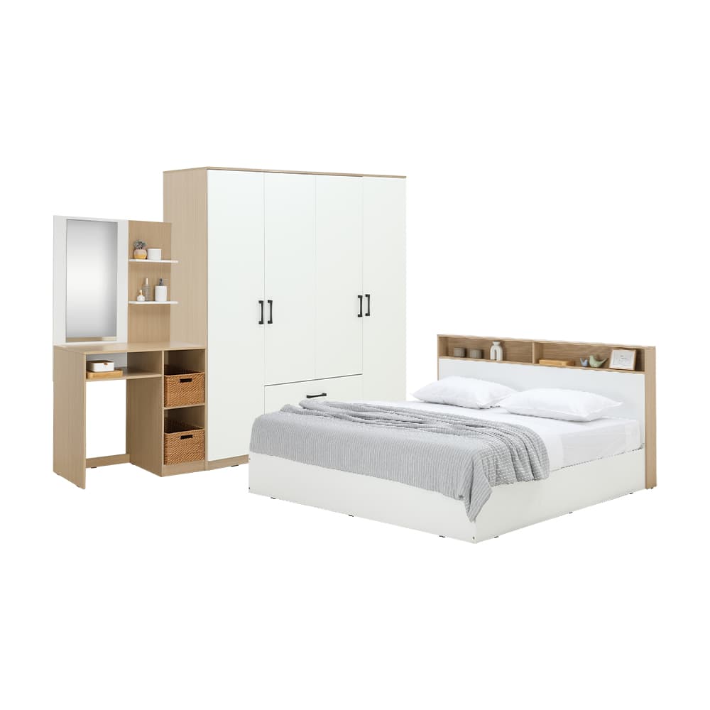 ชุดห้องนอน รุ่นคาร์เนชั่น+ฟินซ์  ขนาด 5 ฟุต (เตียง, ตู้เสื้อผ้า 4 บาน, โต๊ะเครื่องแป้ง) - สีขาว/ธรรมชาติ
