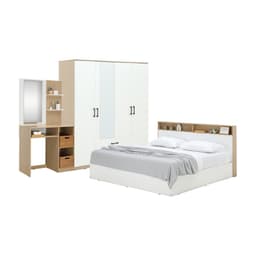 ชุดห้องนอน รุ่นคาร์เนชั่น+ฟินซ์ ขนาด 5 ฟุต (เตียง, ตู้เสื้อผ้า 4 บาน พร้อมกระจก, โต๊ะเครื่องแป้ง) - สีขาว/ธรรมชาติ