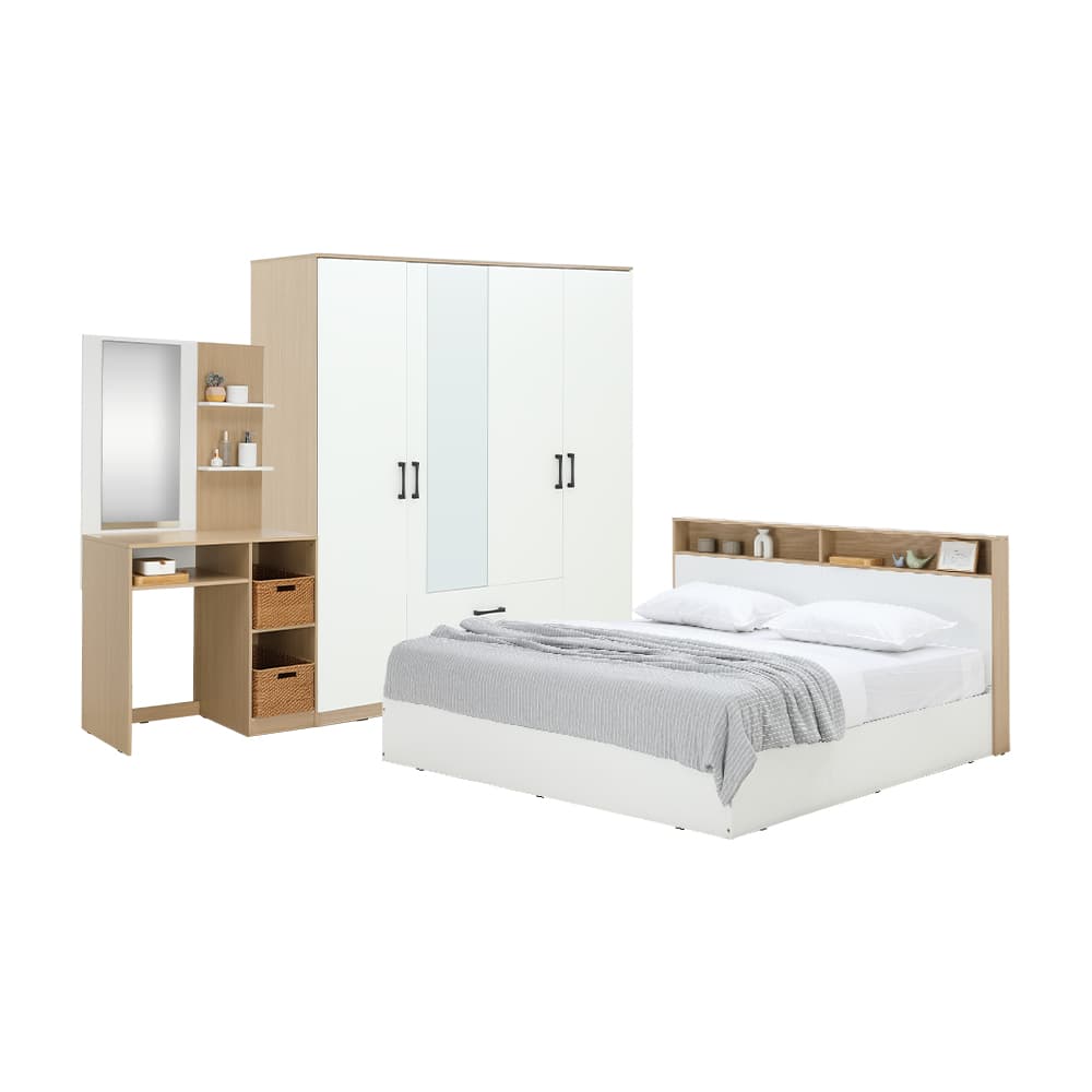 ชุดห้องนอน รุ่นคาร์เนชั่น+ฟินซ์ ขนาด 6 ฟุต (เตียง, ตู้เสื้อผ้า 4 บาน พร้อมกระจก, โต๊ะเครื่องแป้ง) - สีขาว/ธรรมชาติ