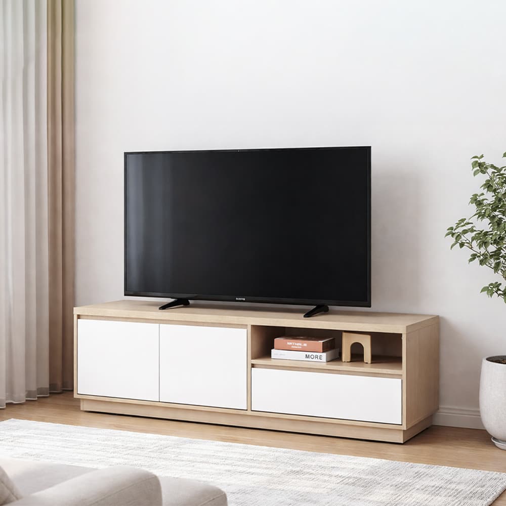ตู้วางทีวี 2 บาน พร้อมลิ้นชัก รุ่นมินิโอ ขนาด 150 ซม. - สีธรรมชาติ/ขาว
