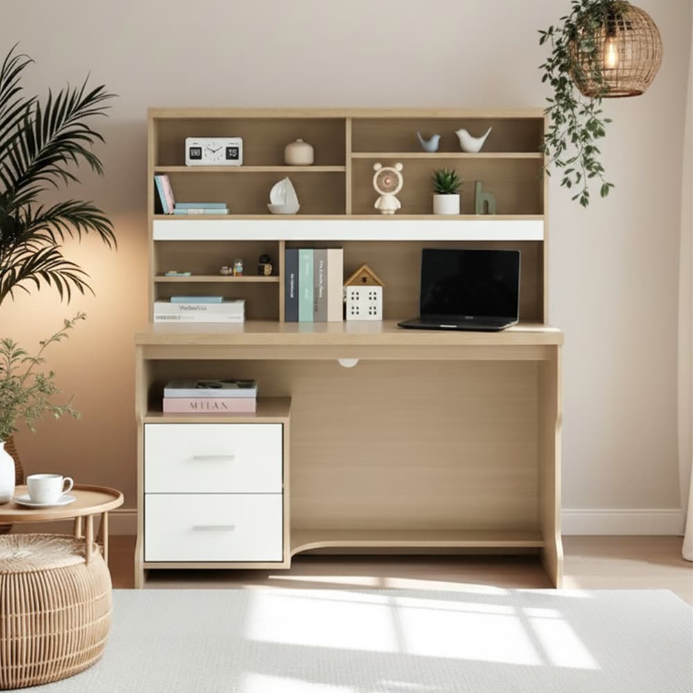 โต๊ะทำงานพร้อมชั้นวาง รุ่นมินิโอ - สีธรรมชาติ/ขาว