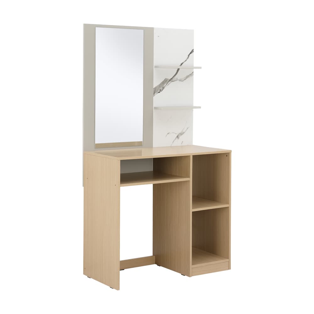 ชุดห้องนอน รุ่นแมกโนเลีย ขนาด 6 ฟุต (เตียง, ตู้เสื้อผ้า 3 บาน, โต๊ะเครื่องแป้ง, ที่นอน, หมอน 2 ใบ) - สีธรรมชาติ/หินอ่อนขาว