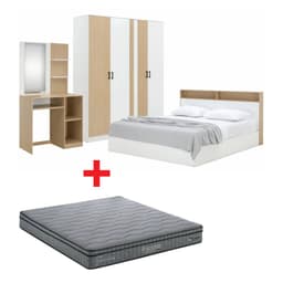 ชุดห้องนอน รุ่นคาร์เนชั่น+แมกโนเลีย ขนาด 5 ฟุต (เตียง, ตู้เสื้อผ้า 4 บาน, โต๊ะเครื่องแป้ง, ที่นอน, หมอน 2 ใบ) - สีขาว/ธรรมชาติ