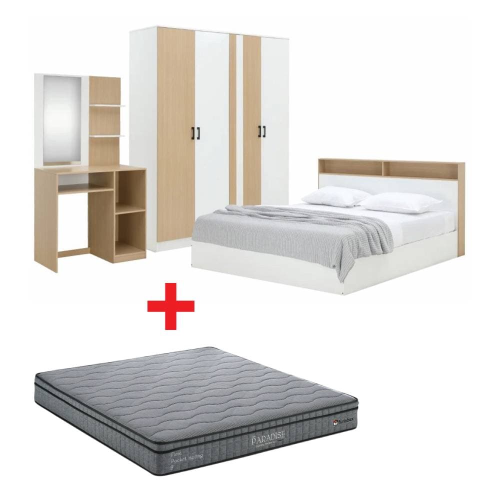 ชุดห้องนอน รุ่นคาร์เนชั่น+แมกโนเลีย ขนาด 5 ฟุต (เตียง, ตู้เสื้อผ้า 4 บาน, โต๊ะเครื่องแป้ง, ที่นอน, หมอน 2 ใบ) - สีขาว/ธรรมชาติ