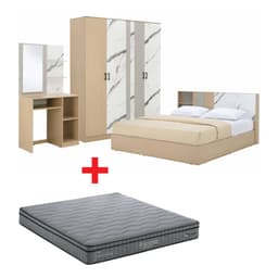 ชุดห้องนอน รุ่นแมกโนเลีย ขนาด 5 ฟุต (เตียง, ตู้เสื้อผ้า 4 บาน, โต๊ะเครื่องแป้ง, ที่นอน, หมอน 2 ใบ) - สีธรรมชาติ/หินอ่อนขาว