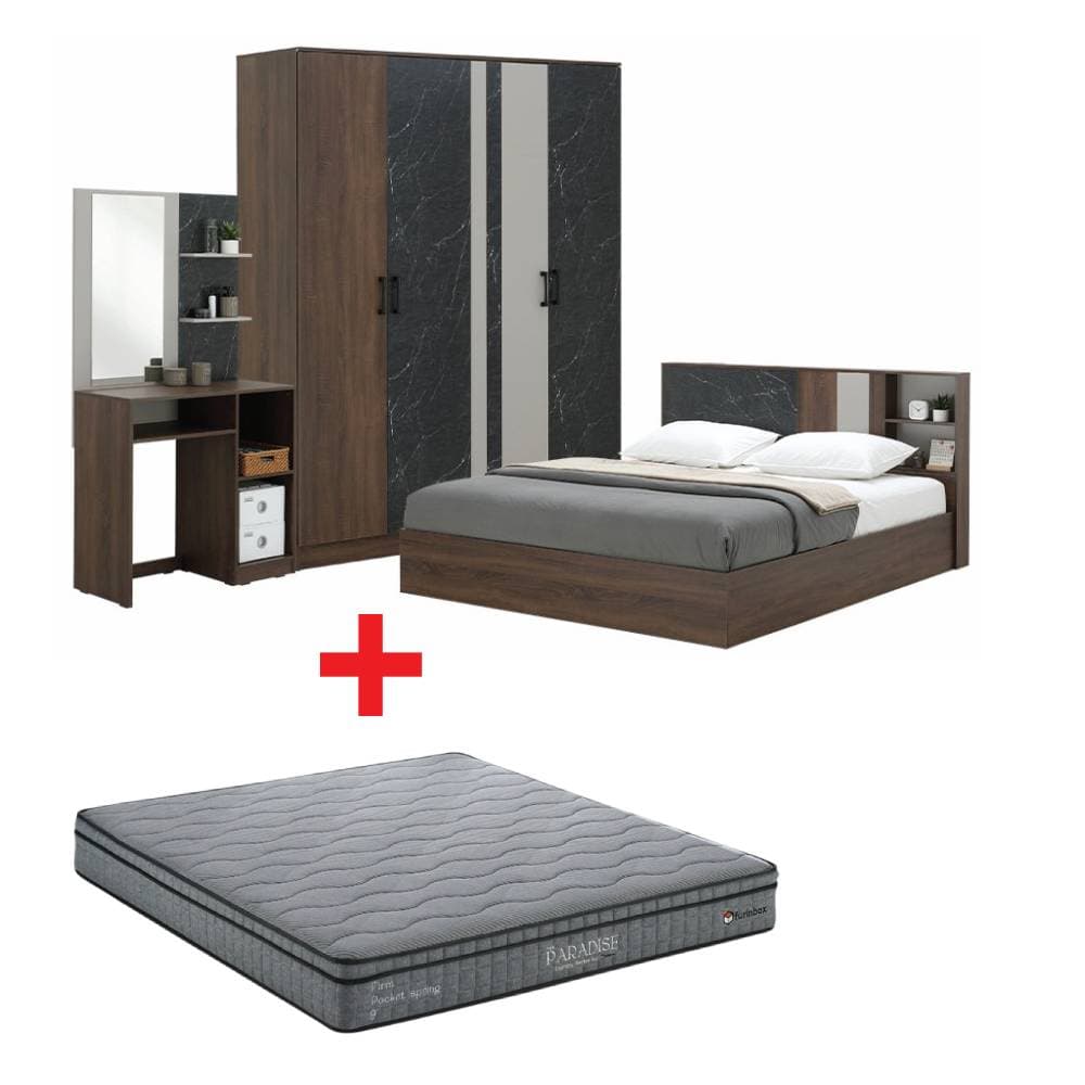 ชุดห้องนอน รุ่นแมกโนเลีย ขนาด 5 ฟุต (เตียง, ตู้เสื้อผ้า 4 บาน, โต๊ะเครื่องแป้ง, ที่นอน, หมอน 2 ใบ) - สีวอลนัท/หินอ่อนดำ