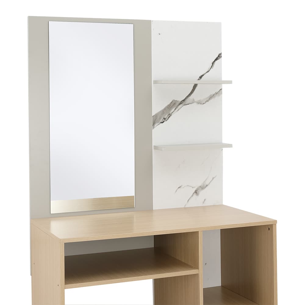 ชุดห้องนอน รุ่นแมกโนเลีย ขนาด 6 ฟุต (เตียง, ตู้เสื้อผ้า 4 บาน, โต๊ะเครื่องแป้ง, ที่นอน, หมอน 2 ใบ) - สีธรรมชาติ/หินอ่อนขาว