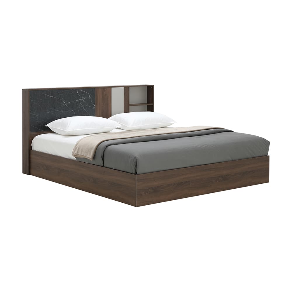 ชุดห้องนอน รุ่นแมกโนเลีย ขนาด 6 ฟุต (เตียง, ตู้เสื้อผ้า 4 บาน, โต๊ะเครื่องแป้ง, ที่นอน, หมอน 2 ใบ) - สีวอลนัท/หินอ่อนดำ