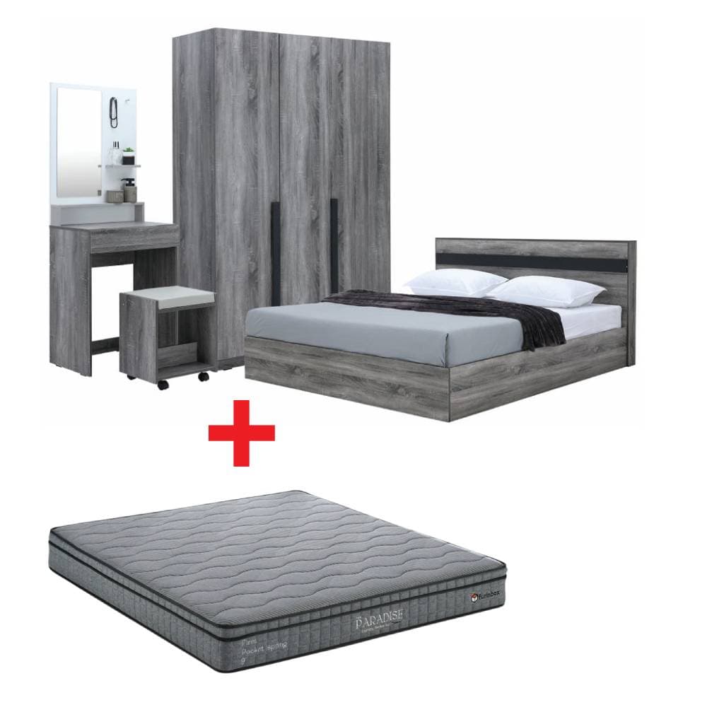 ชุดห้องนอน รุ่นมินิโอ ขนาด 5 ฟุต (เตียง, ตู้เสื้อผ้า 3 บาน, โต๊ะเครื่องแป้งพร้อมสตูล, ที่นอน, หมอน 2 ใบ) - สีเทา