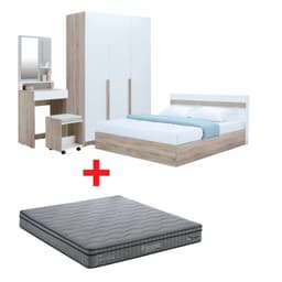 ชุดห้องนอน รุ่นมินิโอ ขนาด 6 ฟุต (เตียง, ตู้เสื้อผ้า 3 บาน, โต๊ะเครื่องแป้งพร้อมสตูล, ที่นอน, หมอน 2 ใบ) - สีธรรมชาติ/ขาว