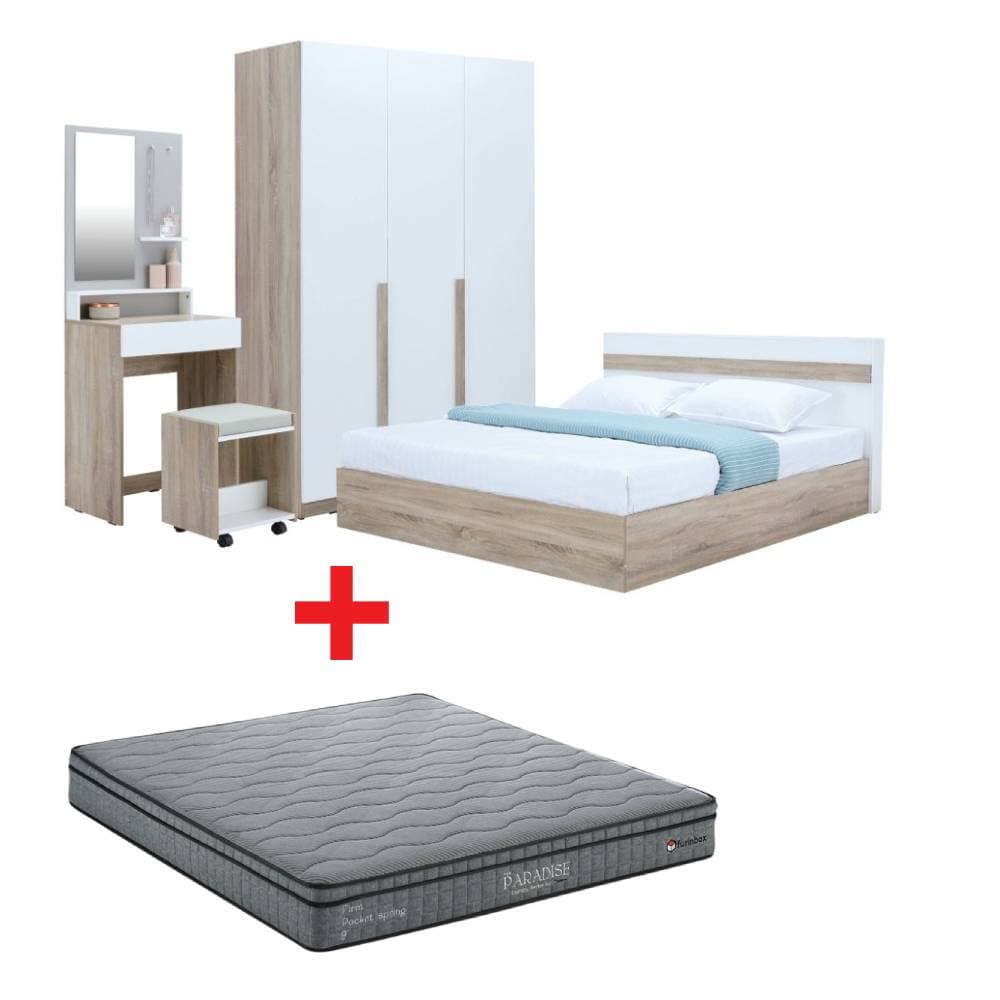 ชุดห้องนอน รุ่นมินิโอ ขนาด 6 ฟุต (เตียง, ตู้เสื้อผ้า 3 บาน, โต๊ะเครื่องแป้งพร้อมสตูล, ที่นอน, หมอน 2 ใบ) - สีธรรมชาติ/ขาว