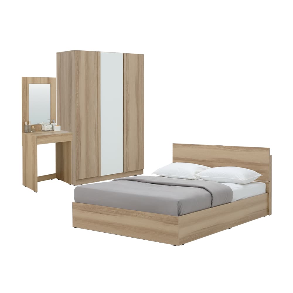 ชุดห้องนอน รุ่นจัสมิน ขนาด 6 ฟุต (เตียง, ตู้เสื้อผ้า 3 บาน, โต๊ะเครื่องแป้ง) - สีธรรมชาติ/ขาว