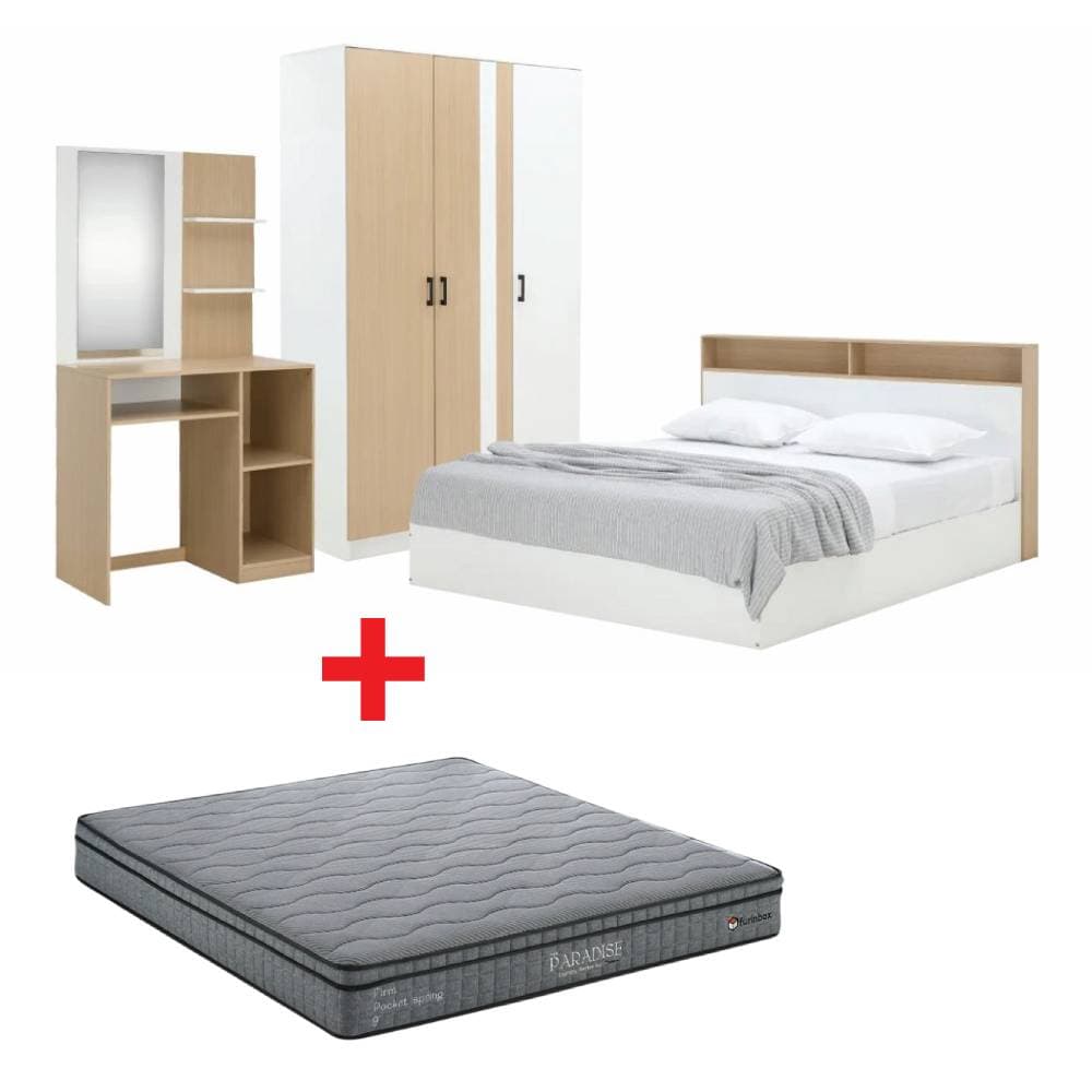 ชุดห้องนอน รุ่นคาร์เนชั่น+แมกโนเลีย ขนาด 5 ฟุต (เตียง, ตู้เสื้อผ้า 3 บาน, โต๊ะเครื่องแป้ง, ที่นอน, หมอน 2 ใบ) - สีขาว/ธรรมชาติ