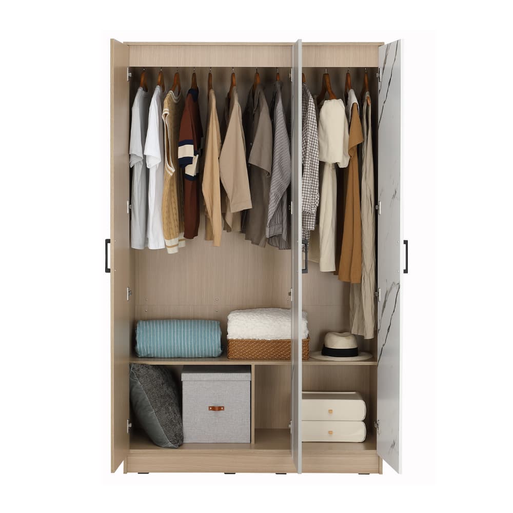 ชุดห้องนอน รุ่นแมกโนเลีย ขนาด 5 ฟุต (เตียง, ตู้เสื้อผ้า 3 บาน, โต๊ะเครื่องแป้ง, ที่นอน, หมอน 2 ใบ) - สีธรรมชาติ/หินอ่อนขาว