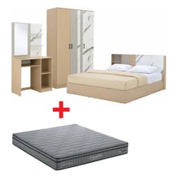 ชุดห้องนอน รุ่นแมกโนเลีย ขนาด 5 ฟุต (เตียง, ตู้เสื้อผ้า 3 บาน, โต๊ะเครื่องแป้ง, ที่นอน, หมอน 2 ใบ) - สีธรรมชาติ/หินอ่อนขาว