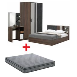 ชุดห้องนอน รุ่นแมกโนเลีย ขนาด 5 ฟุต (เตียง, ตู้เสื้อผ้า 3 บาน, โต๊ะเครื่องแป้ง, ที่นอน, หมอน 2 ใบ) - สีวอลนัท/หินอ่อนดำ