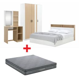 ชุดห้องนอน รุ่นคาร์เนชั่น+แมกโนเลีย ขนาด 6 ฟุต (เตียง, ตู้เสื้อผ้า 3 บาน, โต๊ะเครื่องแป้ง, ที่นอน, หมอน 2 ใบ) - สีขาว/ธรรมชาติ