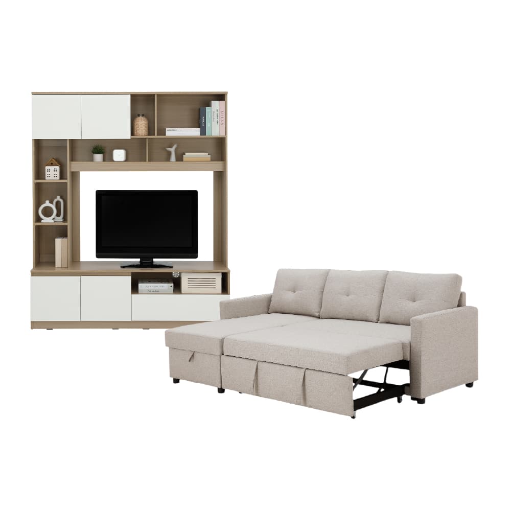 โซฟาเบดผ้า L-shape และชุดโฮมเอ็นเตอร์เทนเมนท์ ขนาด 150 ซม. รุ่นเคียร่า+มินิโอ - สีน้ำตาลอ่อน/ธรรมชาติ