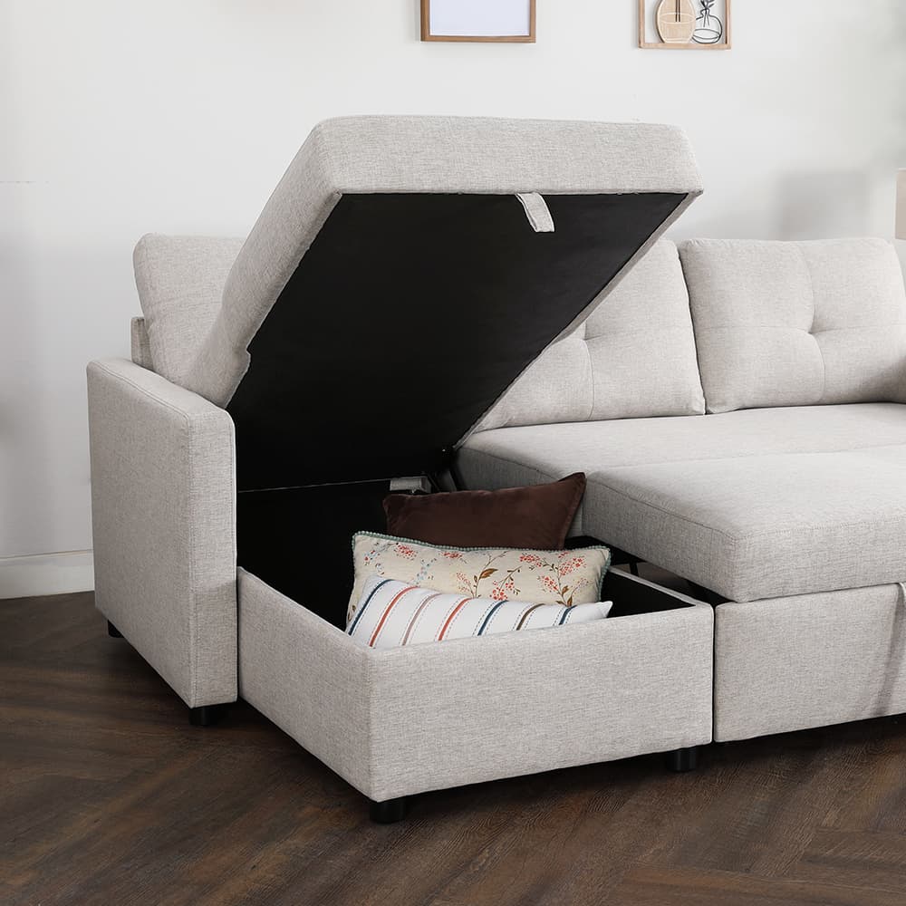 โซฟาเบดผ้า L-shape และชุดโฮมเอ็นเตอร์เทนเมนท์ ขนาด 180 ซม. รุ่นเคียร่า+มินิโอ - สีน้ำตาลอ่อน/ธรรมชาติ