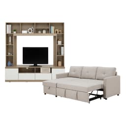 โซฟาเบดผ้า L-shape และชุดโฮมเอ็นเตอร์เทนเมนท์ ขนาด 180 ซม. รุ่นเคียร่า+มินิโอ - สีน้ำตาลอ่อน/ธรรมชาติ