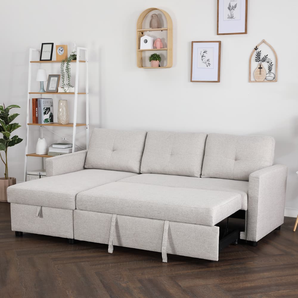 โซฟาเบดผ้า L-shape และชุดโฮมเอ็นเตอร์เทนเมนท์ ขนาด 200 ซม. รุ่นเคียร่า+มินิโอ - สีน้ำตาลอ่อน/ธรรมชาติ