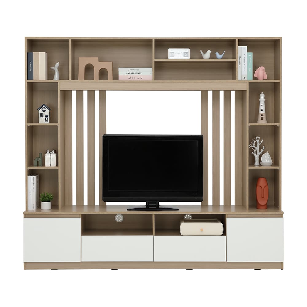 โซฟาเบดผ้า L-shape และชุดโฮมเอ็นเตอร์เทนเมนท์ ขนาด 200 ซม. รุ่นเคียร่า+มินิโอ - สีน้ำตาลอ่อน/ธรรมชาติ