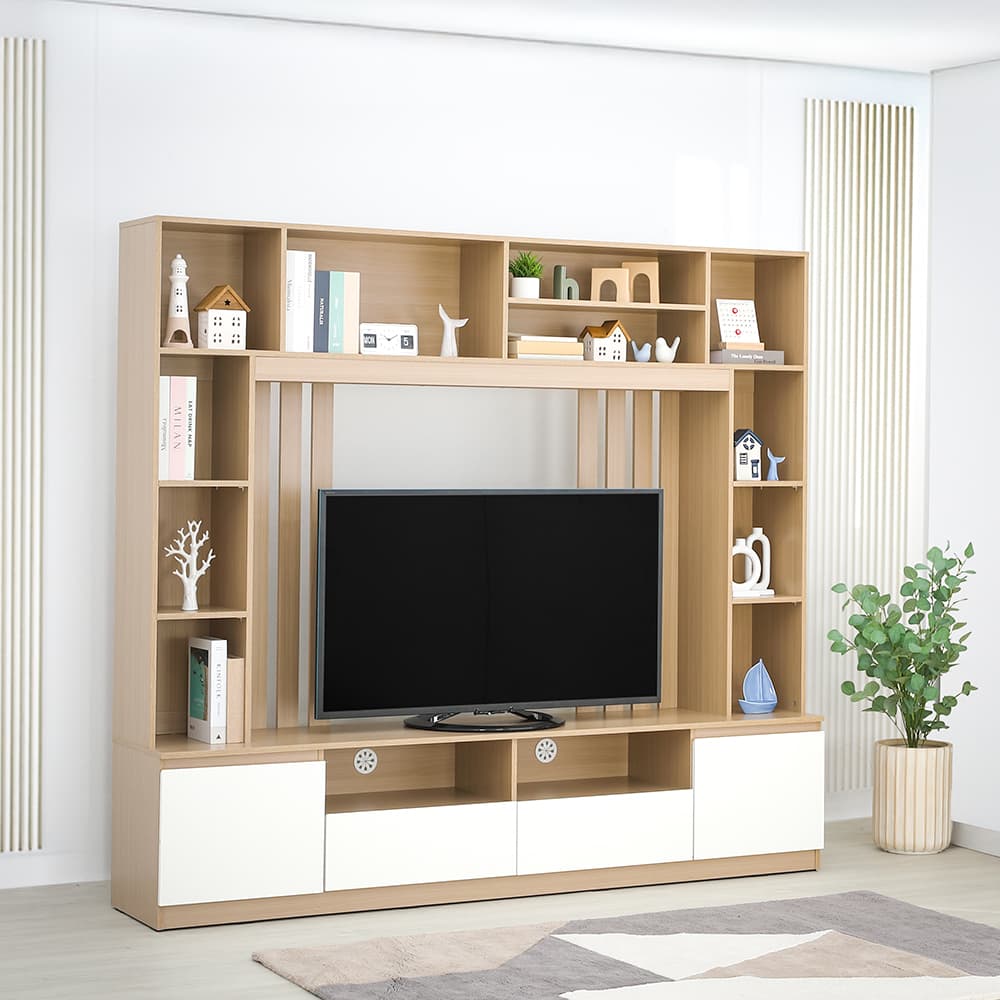 โซฟาเบดผ้า L-shape และชุดโฮมเอ็นเตอร์เทนเมนท์ ขนาด 200 ซม. รุ่นเคียร่า+มินิโอ - สีน้ำตาลอ่อน/ธรรมชาติ