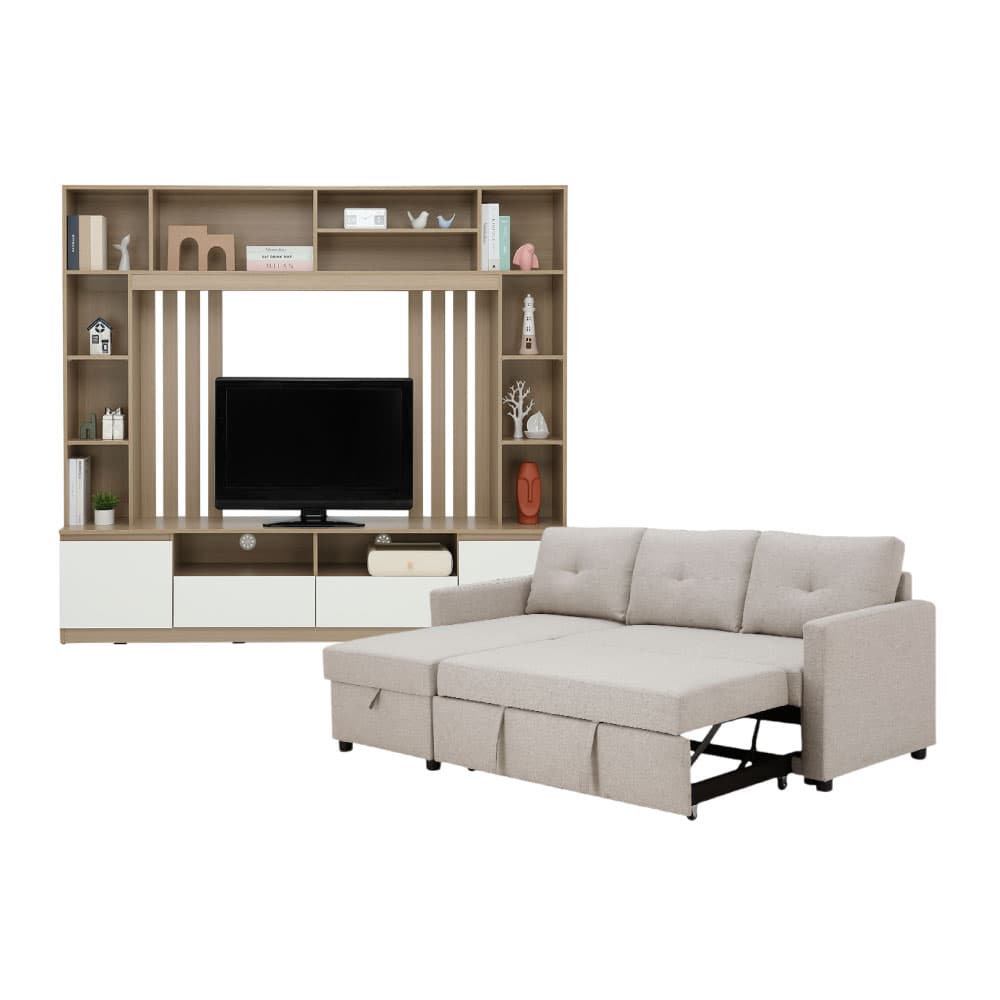 โซฟาเบดผ้า L-shape และชุดโฮมเอ็นเตอร์เทนเมนท์ ขนาด 200 ซม. รุ่นเคียร่า+มินิโอ - สีน้ำตาลอ่อน/ธรรมชาติ