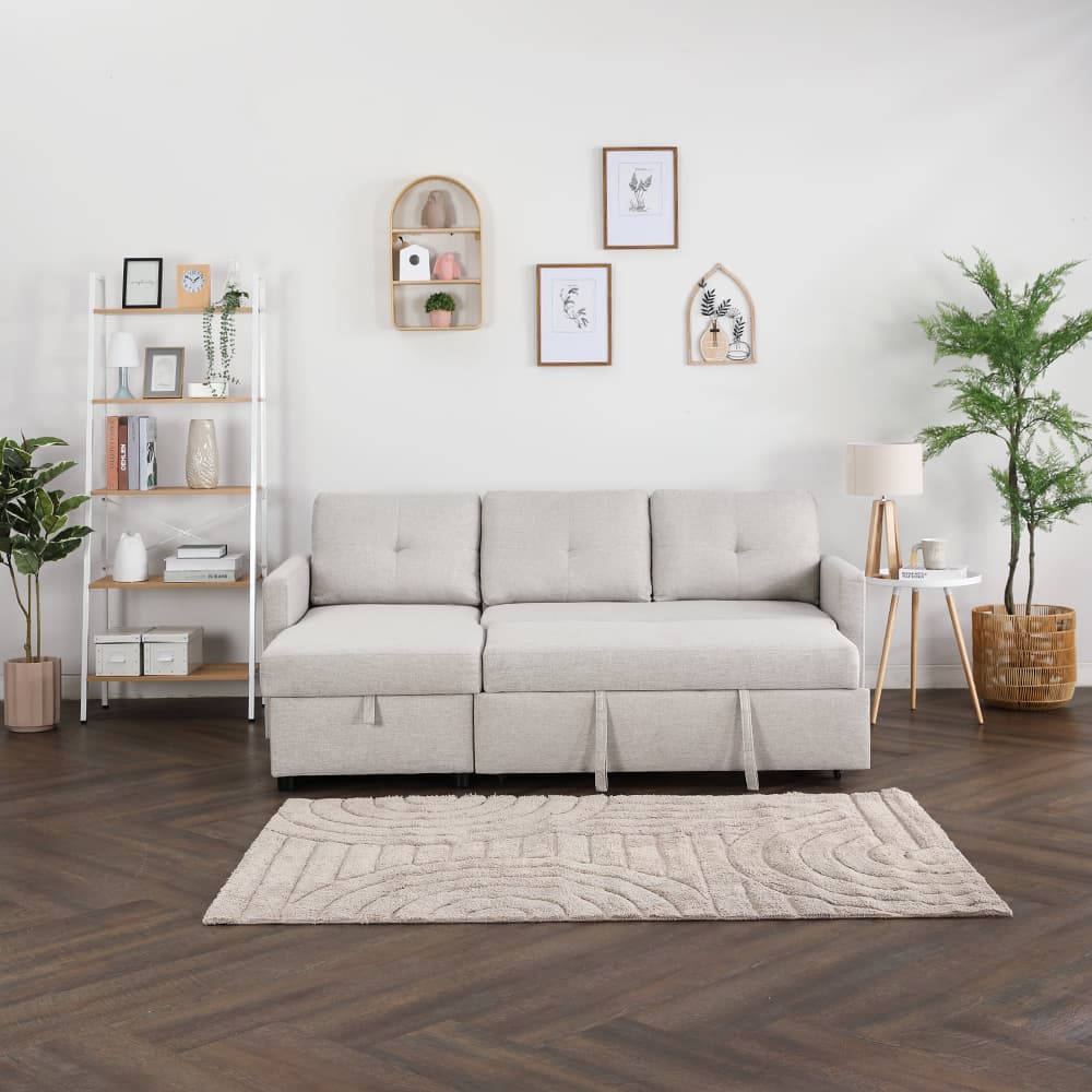 โซฟาเบดผ้า L-shape และชุดโฮมเอ็นเตอร์เทนเมนท์ ขนาด 240 ซม. รุ่นเคียร่า+มินิโอ - สีน้ำตาลอ่อน/ธรรมชาติ