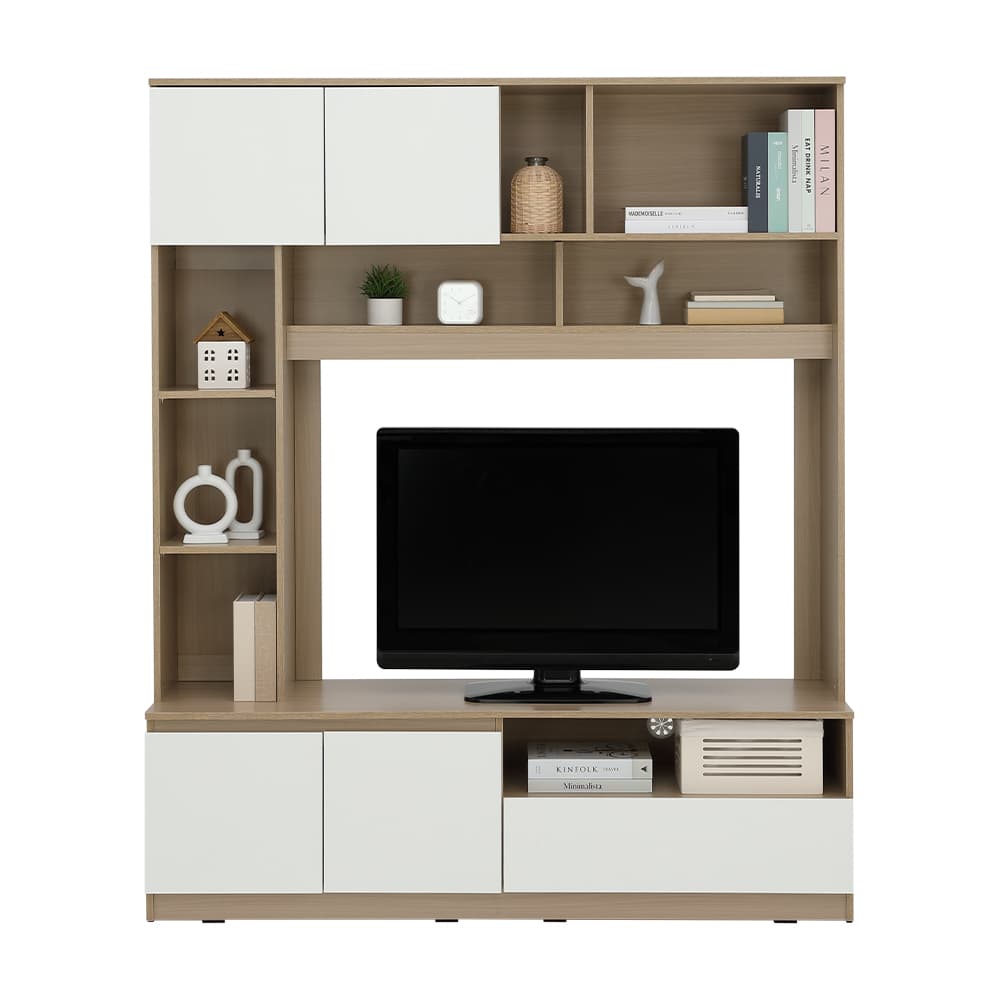 โซฟาเบดผ้า L-shape และชุดโฮมเอ็นเตอร์เทนเมนท์ ขนาด 150 ซม. รุ่นเคียร่า+มินิโอ - สีเทาเข้ม/ธรรมชาติ