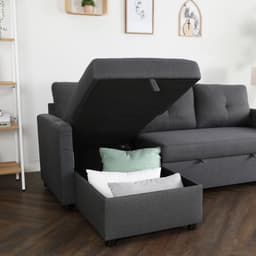 โซฟาเบดผ้า L-shape และชุดโฮมเอ็นเตอร์เทนเมนท์ ขนาด 150 ซม. รุ่นเคียร่า+มินิโอ - สีเทาเข้ม/ธรรมชาติ