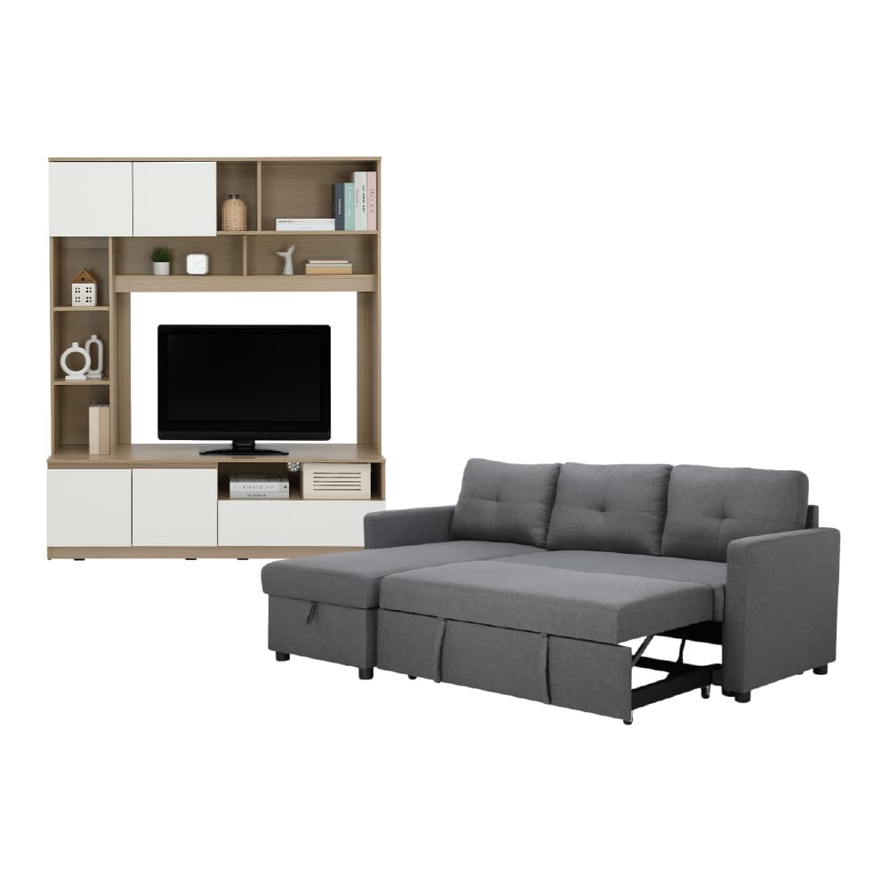 โซฟาเบดผ้า L-shape และชุดโฮมเอ็นเตอร์เทนเมนท์ ขนาด 150 ซม. รุ่นเคียร่า+มินิโอ - สีเทาเข้ม/ธรรมชาติ