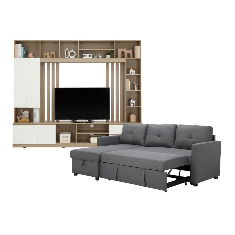 โซฟาเบดผ้า L-shape และชุดโฮมเอ็นเตอร์เทนเมนท์ ขนาด 240 ซม. รุ่นเคียร่า+มินิโอ - สีเทาเข้ม/ธรรมชาติ