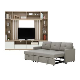 โซฟาเบด PU L-shape และชุดโฮมเอ็นเตอร์เทนเมนท์ ขนาด 200 ซม. รุ่นเคียร่า+มินิโอ - สีเทา/ธรรมชาติ