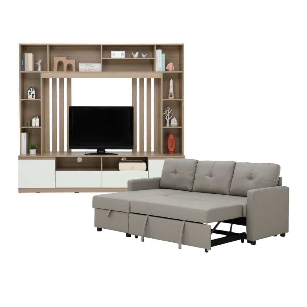 โซฟาเบด PU L-shape และชุดโฮมเอ็นเตอร์เทนเมนท์ ขนาด 200 ซม. รุ่นเคียร่า+มินิโอ - สีเทา/ธรรมชาติ