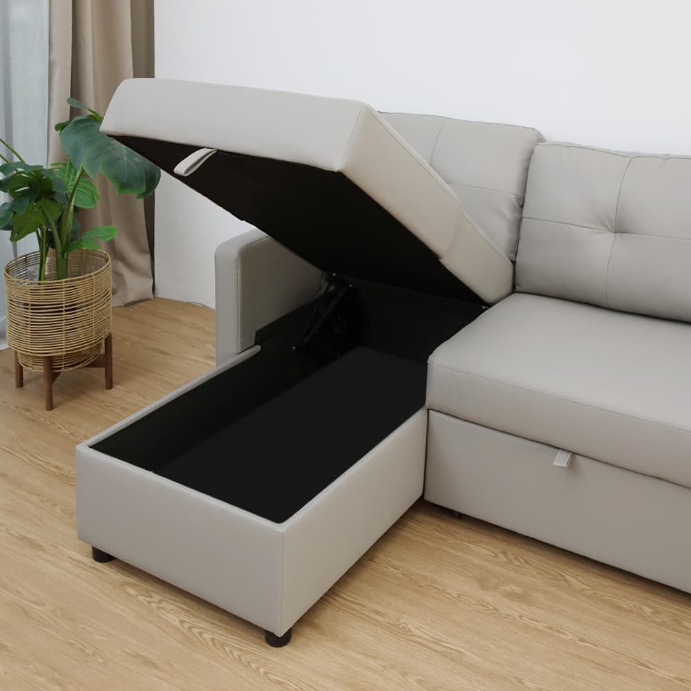 โซฟาเบด PU L-shape และชุดโฮมเอ็นเตอร์เทนเมนท์ ขนาด 240 ซม. รุ่นเคียร่า+มินิโอ - สีเทา/ธรรมชาติ