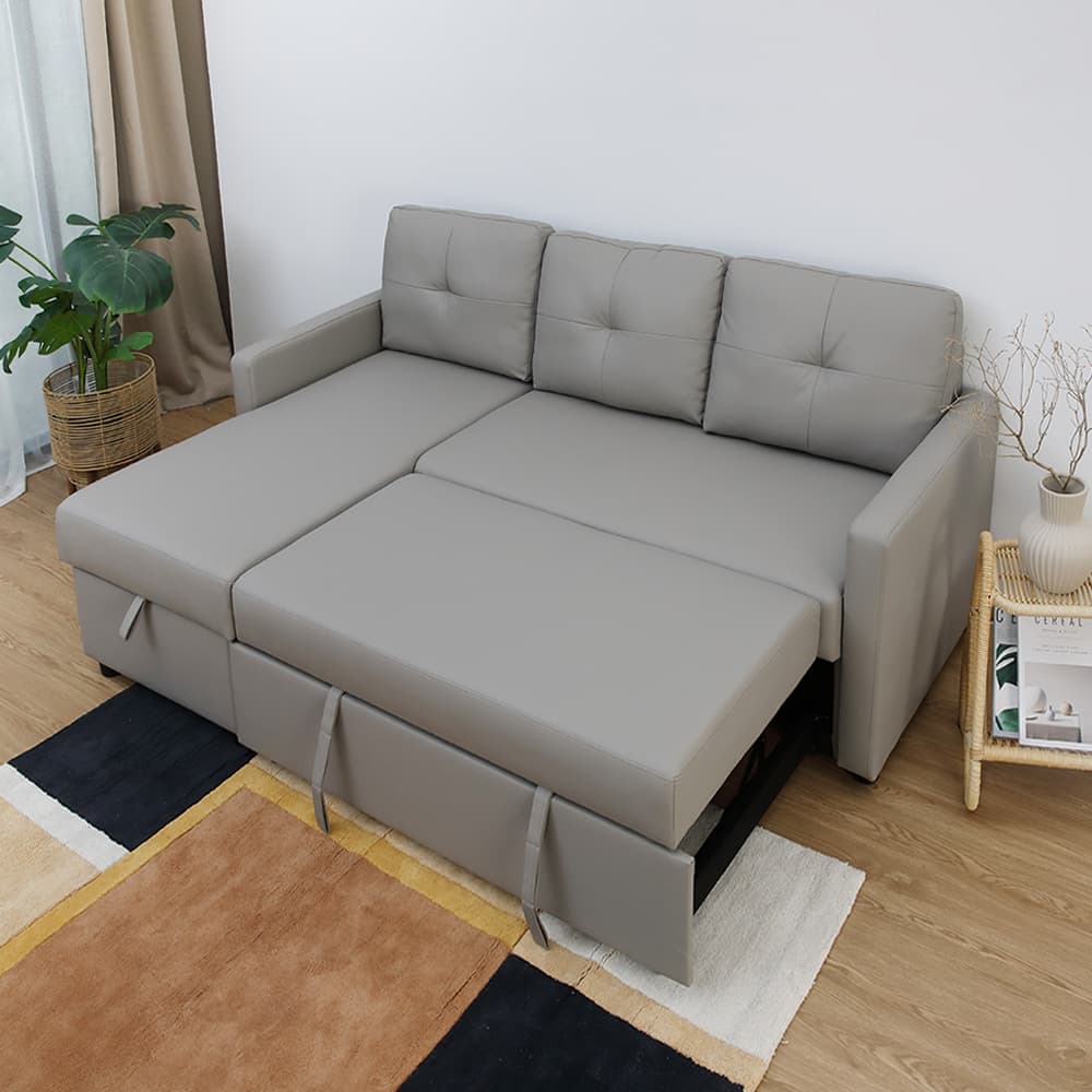 โซฟาเบด PU L-shape และชุดโฮมเอ็นเตอร์เทนเมนท์ ขนาด 240 ซม. รุ่นเคียร่า+มินิโอ - สีเทา/ธรรมชาติ