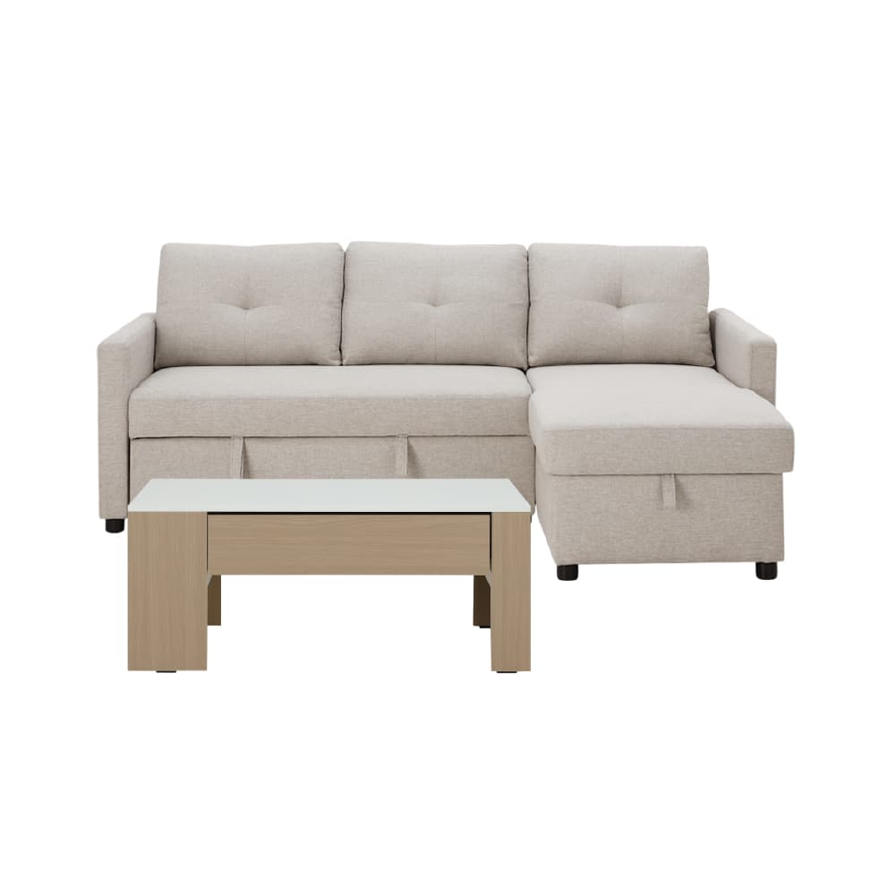 โซฟาเบดผ้า L-shape และโต๊ะกลางพร้อมลิ้นชัก รุ่นเคียร่า+มาเรีย - สีน้ำตาลอ่อน/ธรรมชาติ