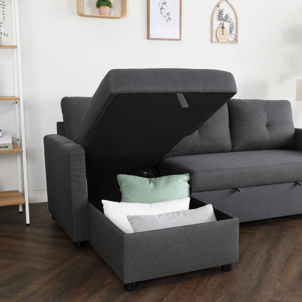 โซฟาเบดผ้า L-shape และโต๊ะกลางพร้อมลิ้นชัก รุ่นเคียร่า+มาเรีย - สีเทาเข้ม/ธรรมชาติ