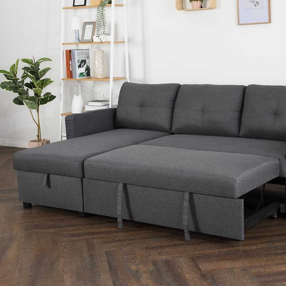 โซฟาเบดผ้า L-shape และโต๊ะกลางพร้อมลิ้นชัก รุ่นเคียร่า+มาเรีย - สีเทาเข้ม/ธรรมชาติ