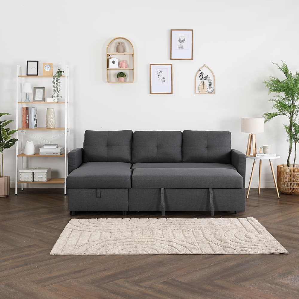 โซฟาเบดผ้า L-shape และโต๊ะกลางพร้อมลิ้นชัก รุ่นเคียร่า+มาเรีย - สีเทาเข้ม/ธรรมชาติ