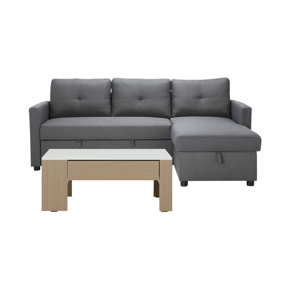 โซฟาเบดผ้า L-shape และโต๊ะกลางพร้อมลิ้นชัก รุ่นเคียร่า+มาเรีย - สีเทาเข้ม/ธรรมชาติ