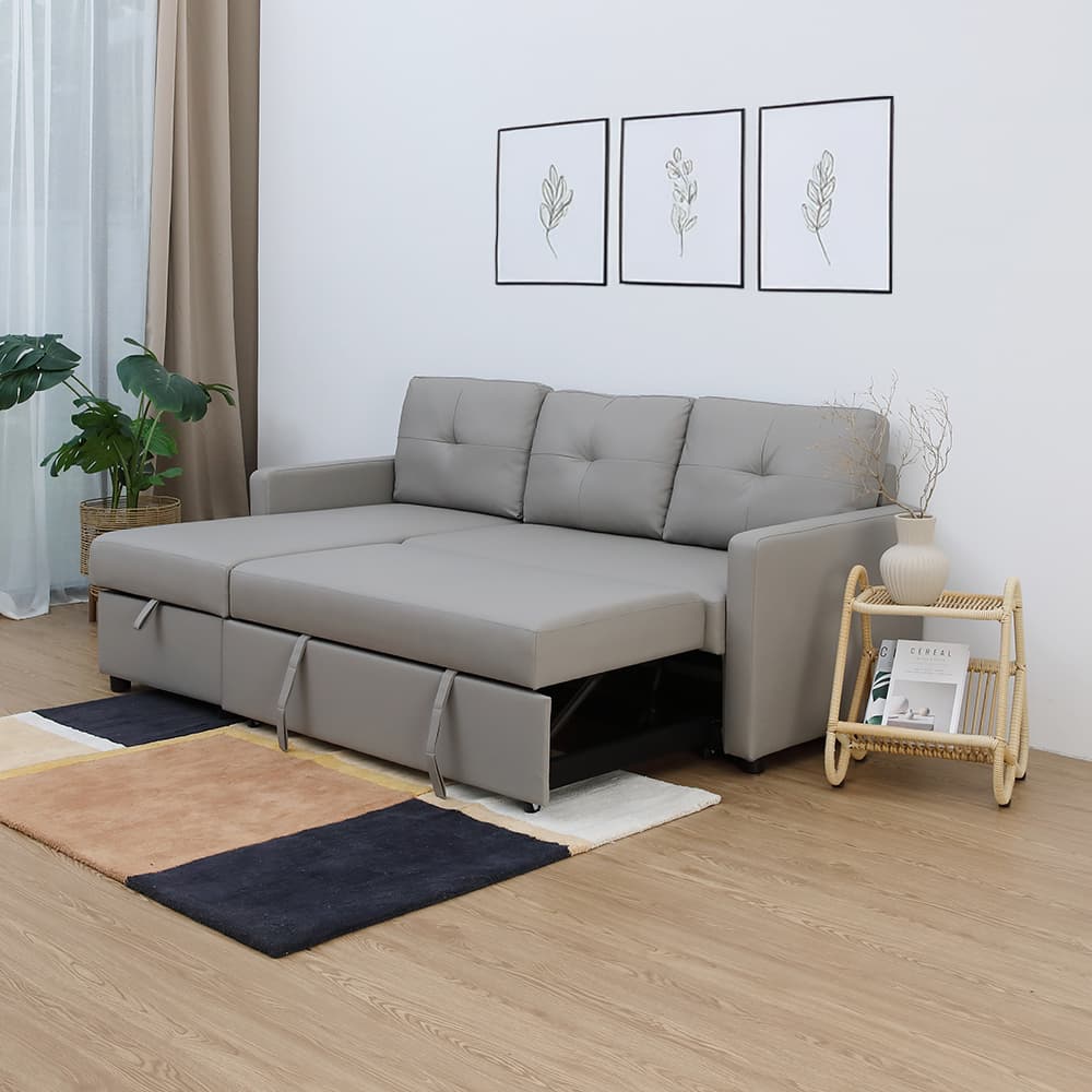 โซฟาเบด PU L-shape และโต๊ะกลางพร้อมลิ้นชัก รุ่นเคียร่า+มาเรีย - สีเทา/ธรรมชาติ