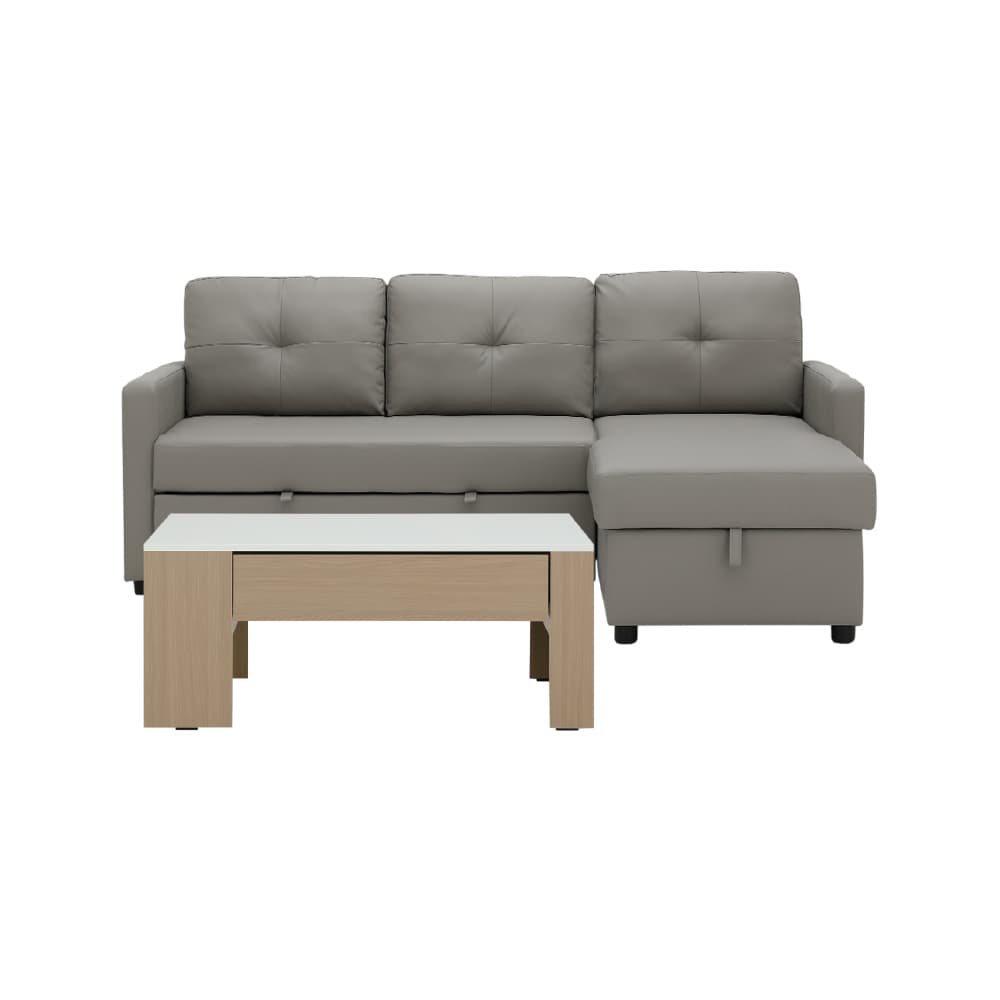 โซฟาเบด PU L-shape และโต๊ะกลางพร้อมลิ้นชัก รุ่นเคียร่า+มาเรีย - สีเทา/ธรรมชาติ